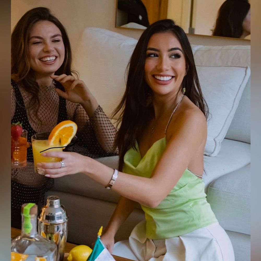 Mori Jasmine green silky sexy top with rhinestone and pearl details XS